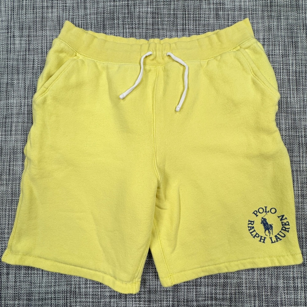 Polo Ralph Lauren Boys XL 18-20 Fleece Sweat Shorts Yellow Drawstring Logo Knit